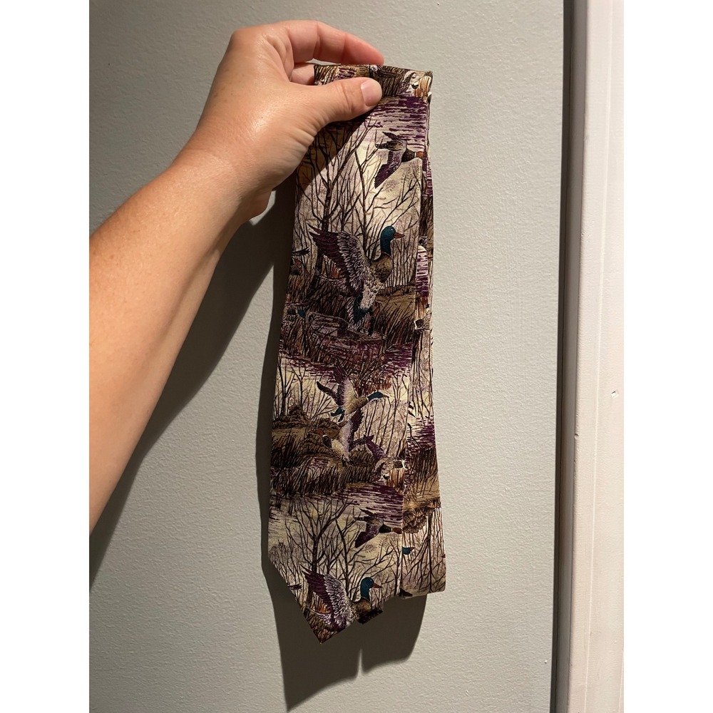 The Sharper Image Mens Silk Tie Mallard Duck Wildlife Nature Print Italian Silk